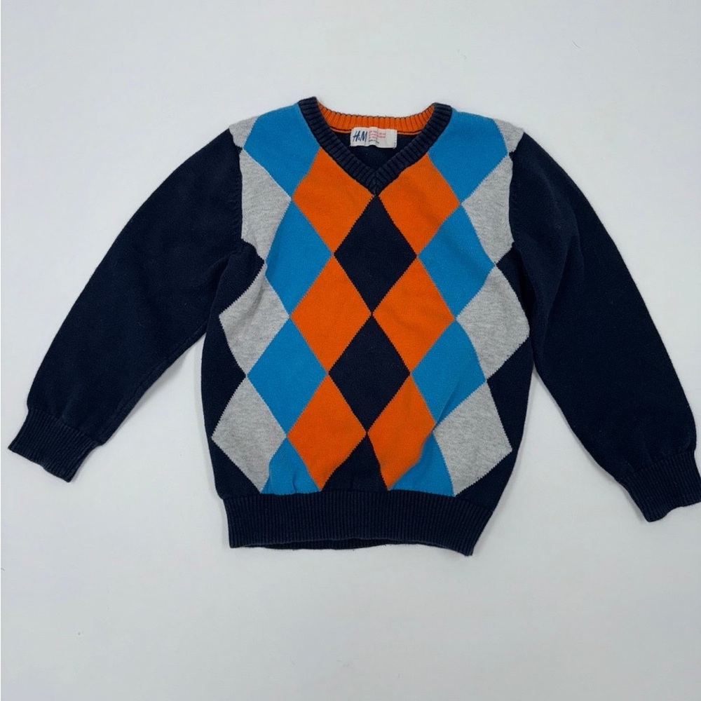 H&M Boys Pullover V-Neck Sweater - Size 4-6 years Dark Blue With Diamond Pattern